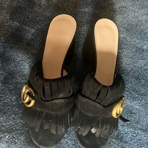 Gucci Black Suede Fringe Mules with Gold Double G Hardware